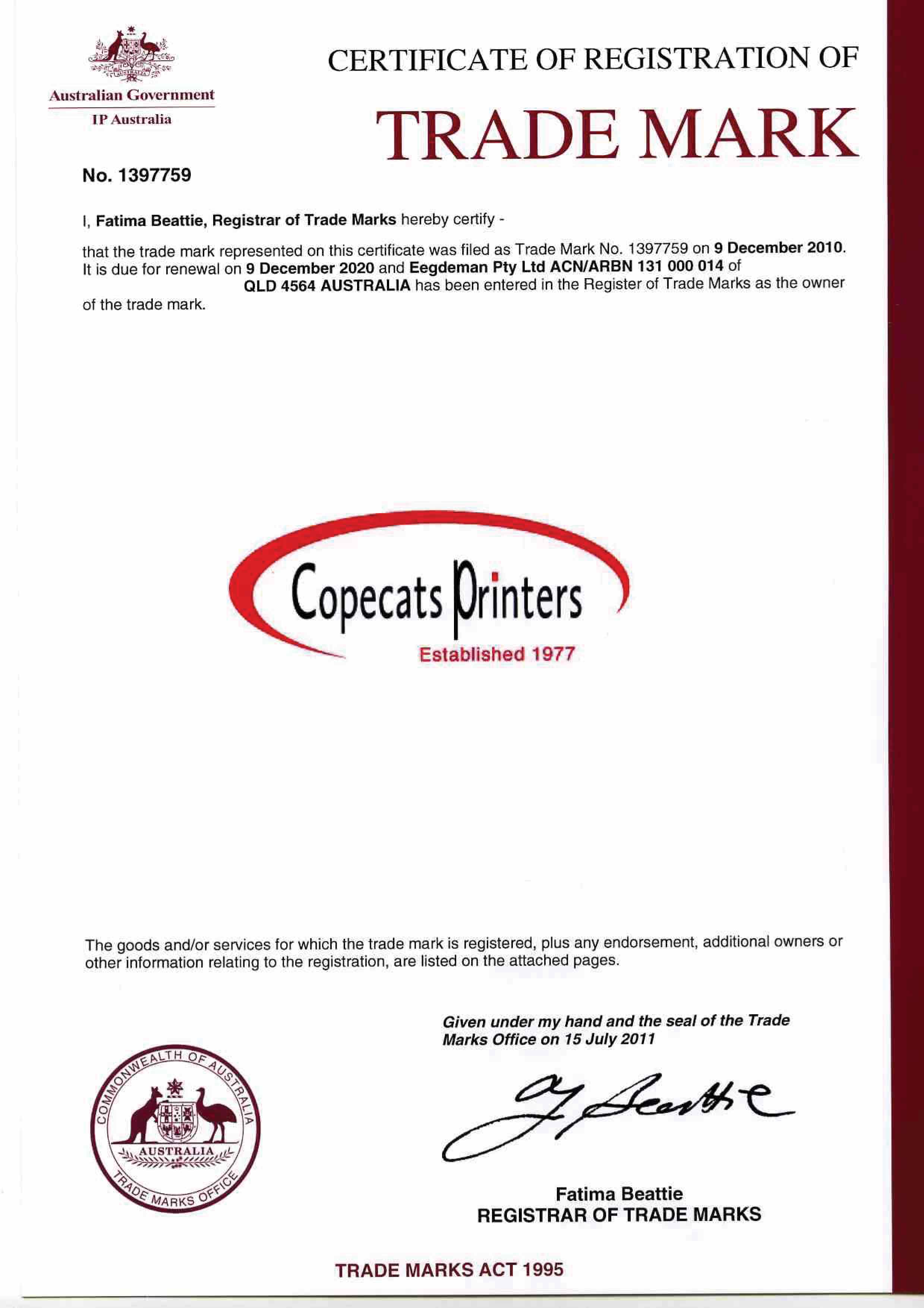 Copecats Trademark Certificate
